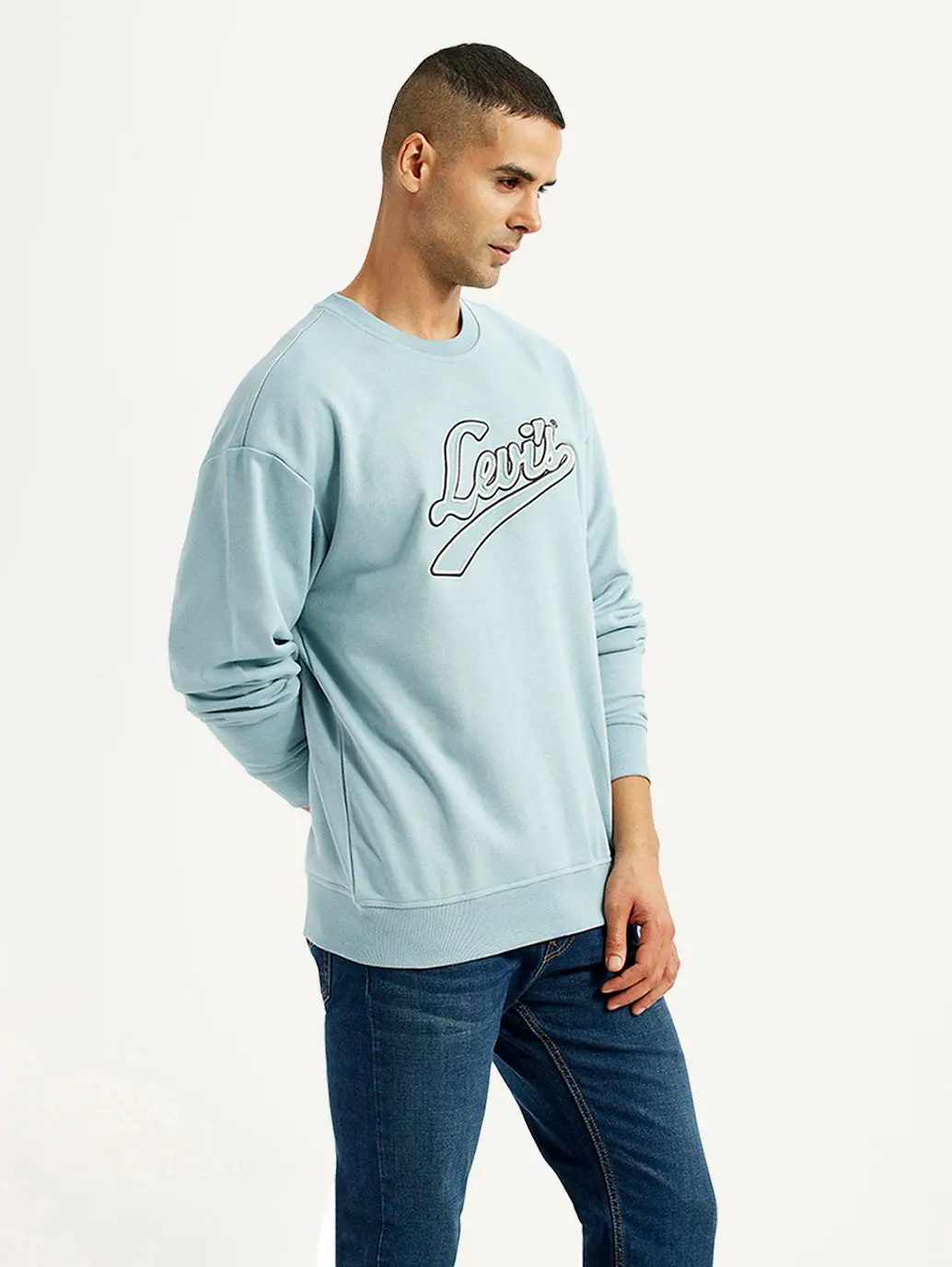 Men's Brand Logo Light Blue Crew Neck Sweatshirt 3