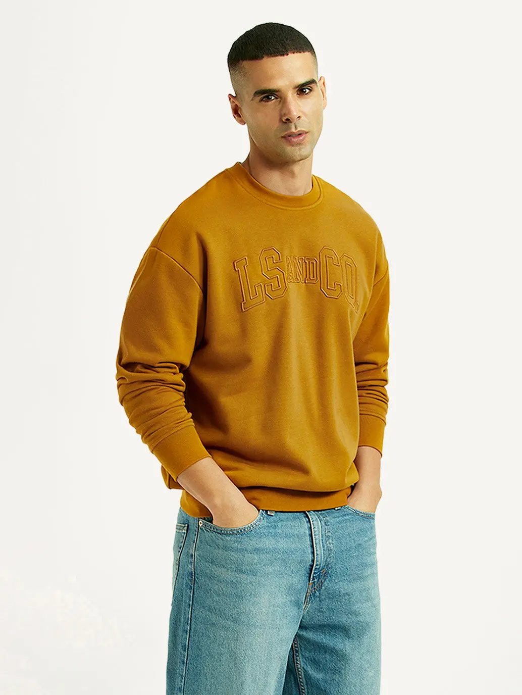 Men's Embroidered Yellow Crew Neck Sweatshirt 1