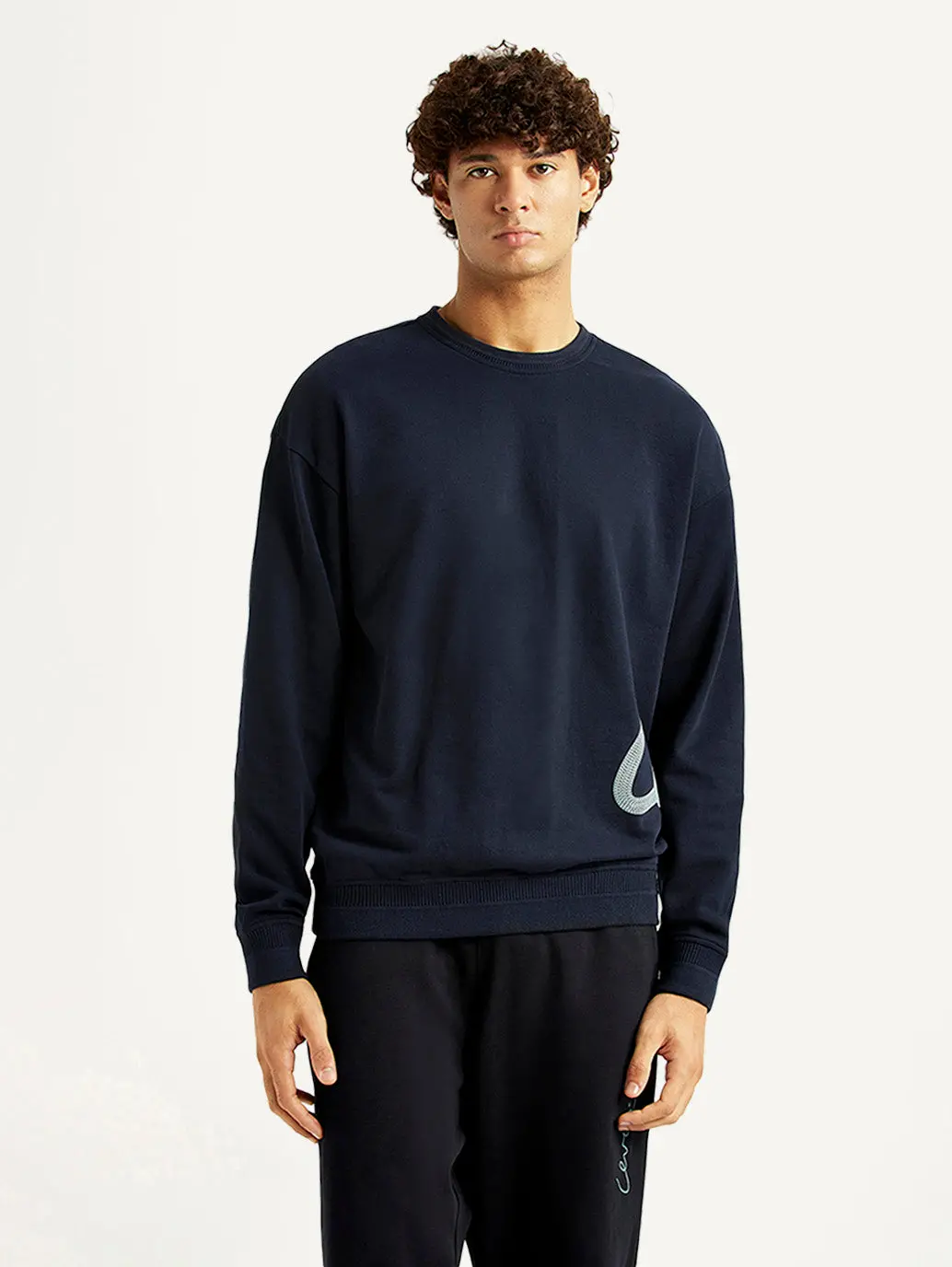 Men's Graphic Print Navy Crew Neck Sweatshirt 1