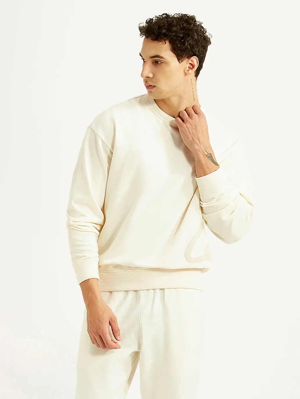 Men's Solid Off White Crew Neck Sweatshirt 1