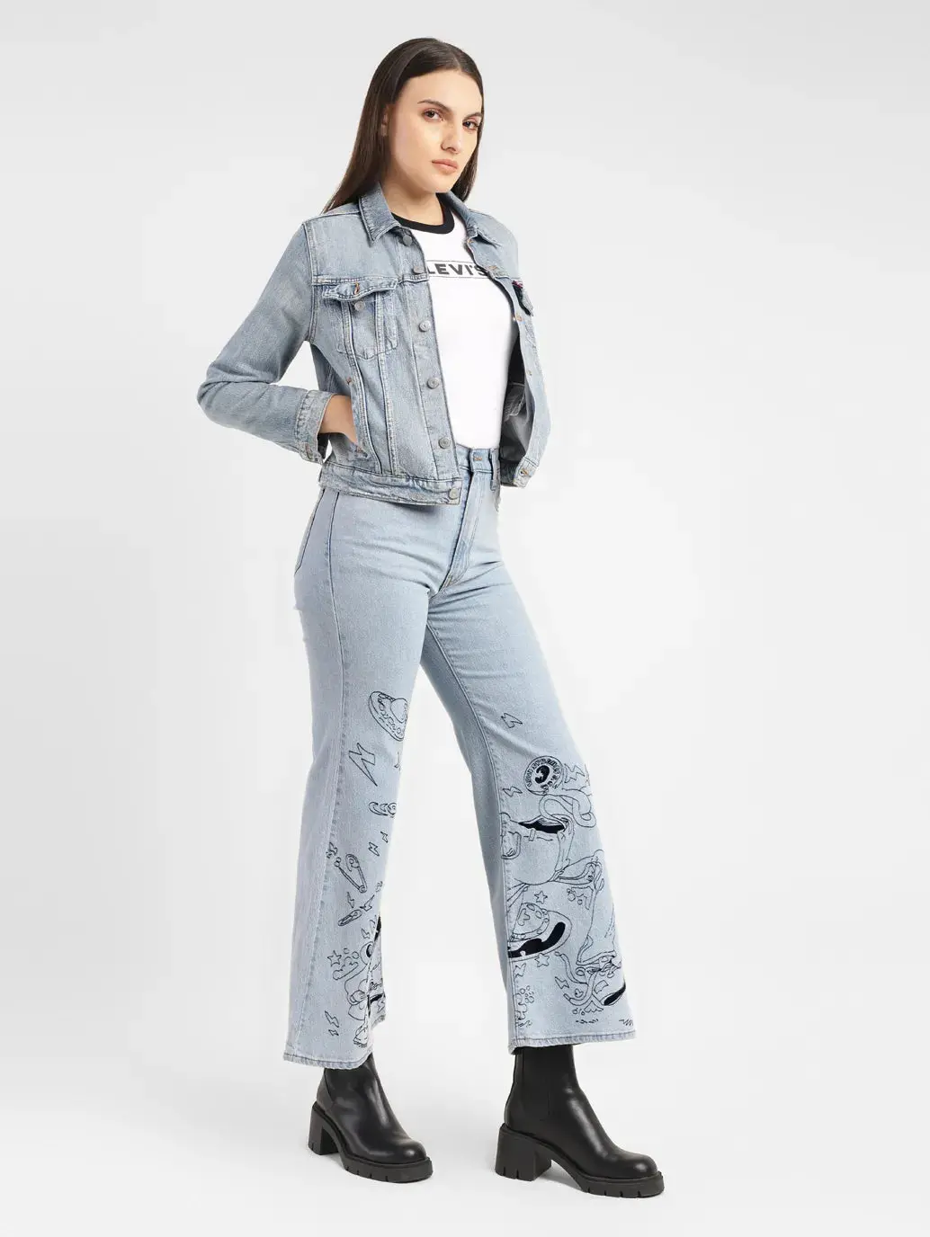 Women's Blue Ribcage Bell Bottom Wide Leg Fit High Rise Jeans 1