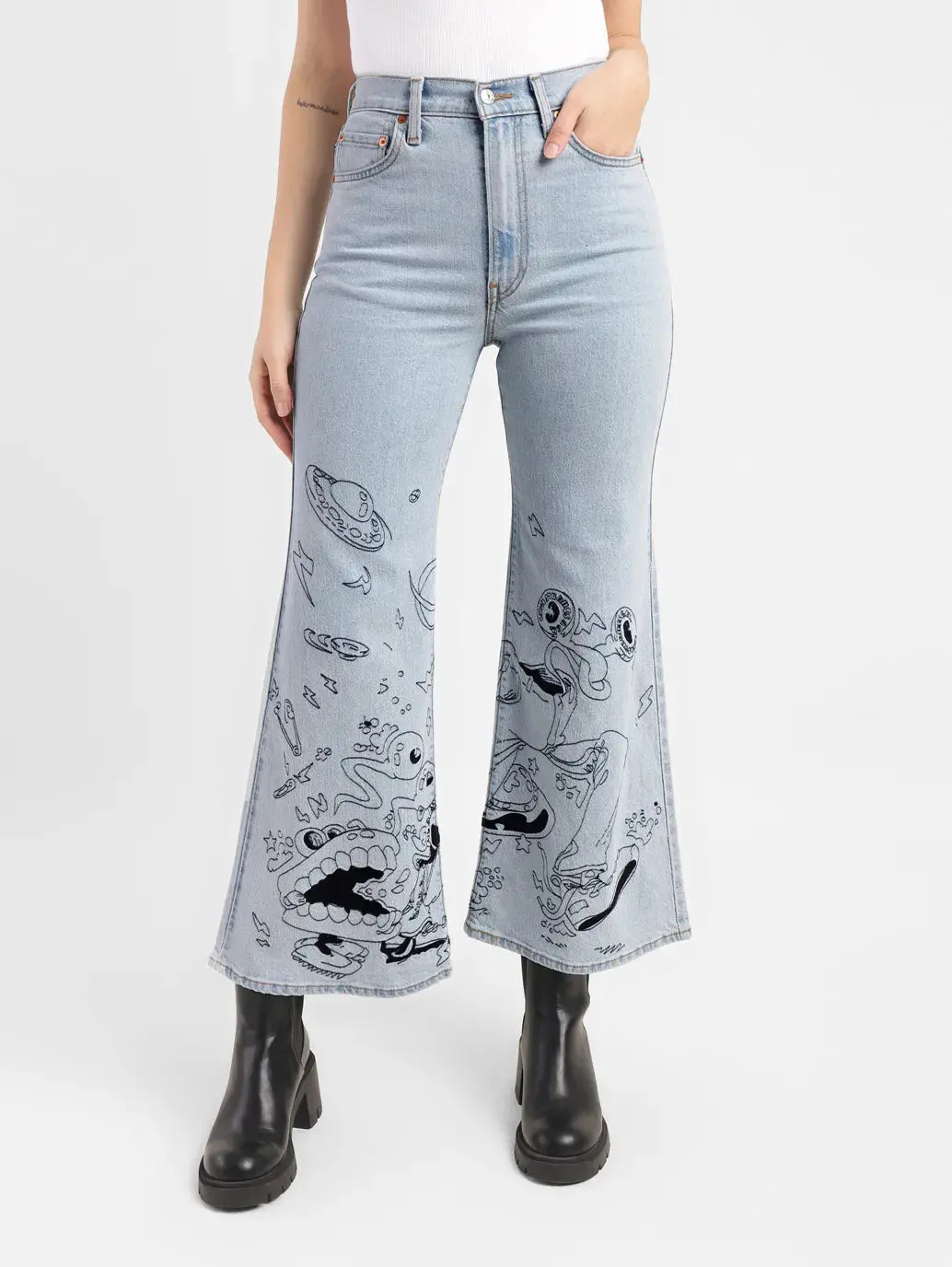 Women's Blue Ribcage Bell Bottom Wide Leg Fit High Rise Jeans 2