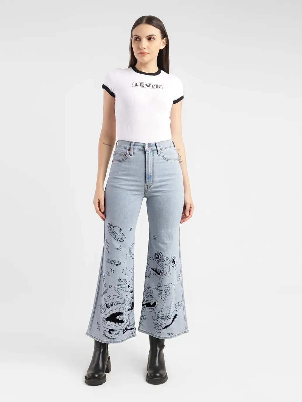 Women's Blue Ribcage Bell Bottom Wide Leg Fit High Rise Jeans 7
