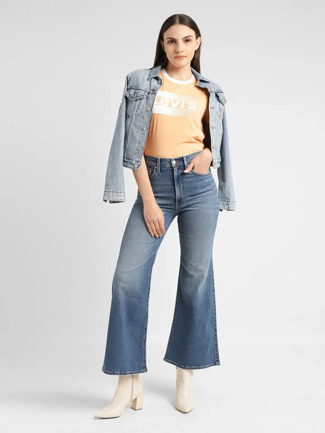 Women's Blue Ribcage Bell Bottom Wide Leg Fit High Rise Jeans 1