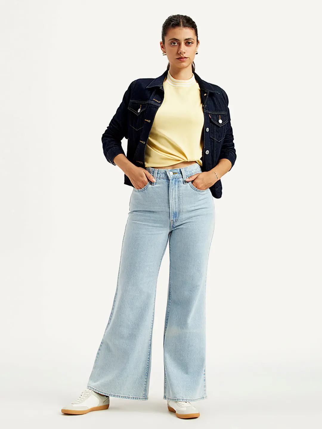 Women's Light Blue Ribcage Bell Bottom Wide Leg Fit High Rise Jeans 1