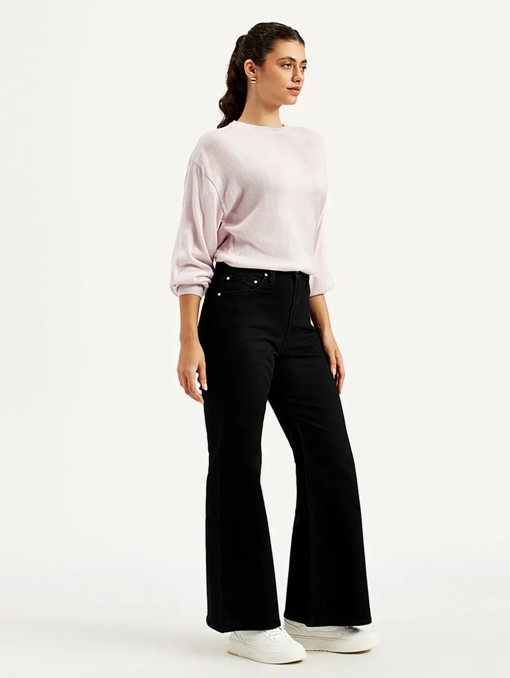 Women's Black Ribcage Bell Bottom Wide Leg Fit High Rise Jeans 5