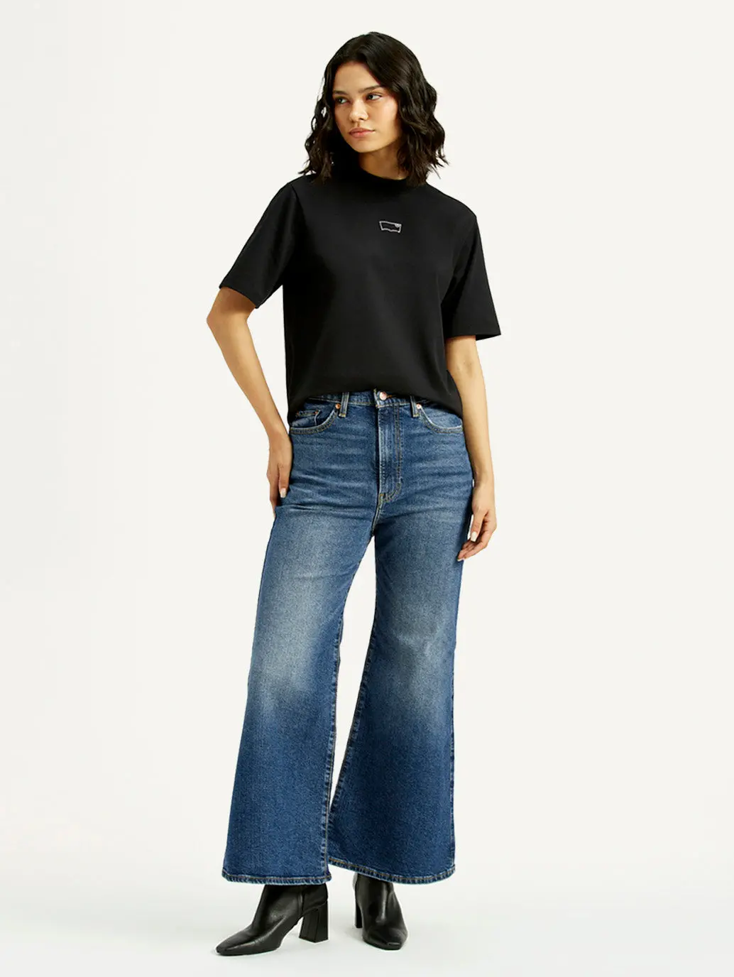 Women's Blue Ribcage Bell Bottom Wide Leg Fit Mid Rise Jeans 1