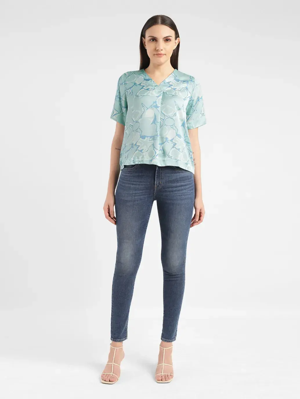 Women's Abstract Blue V Neck Top 1