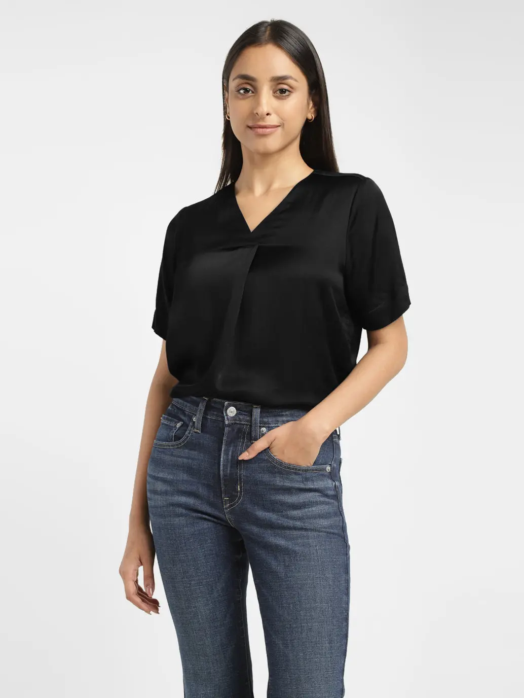Women's Solid Black V Neck Top 1