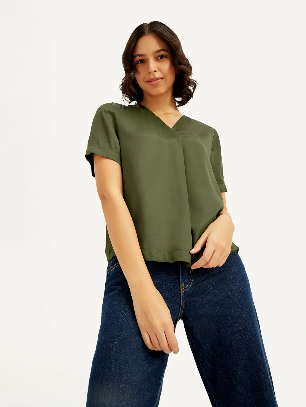 Women's Solid Olive V-Neck Top 1