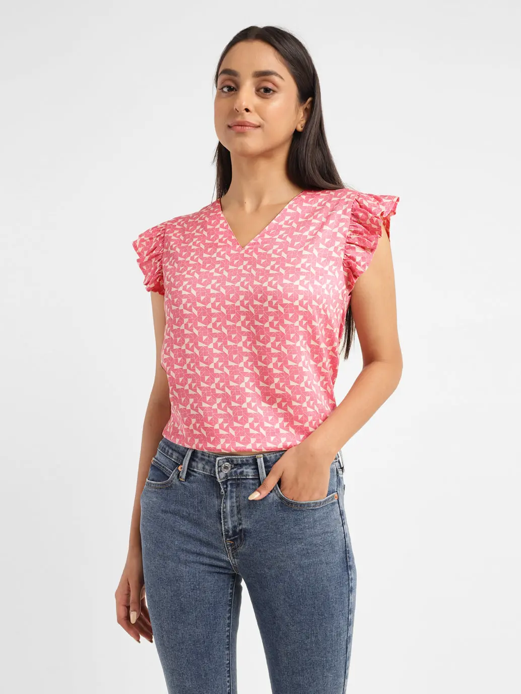 Women's Geometric Pink V Neck Top 1
