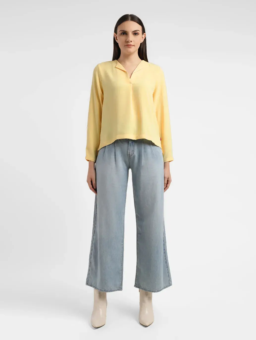 Women's Solid Yellow V Neck Top 1