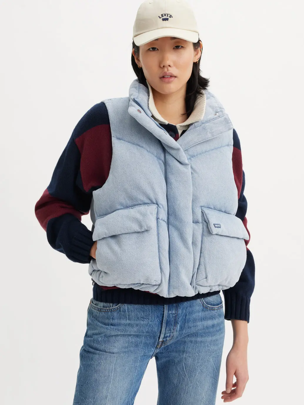 Women's Solid Light-Blue Gilet Jacket 1