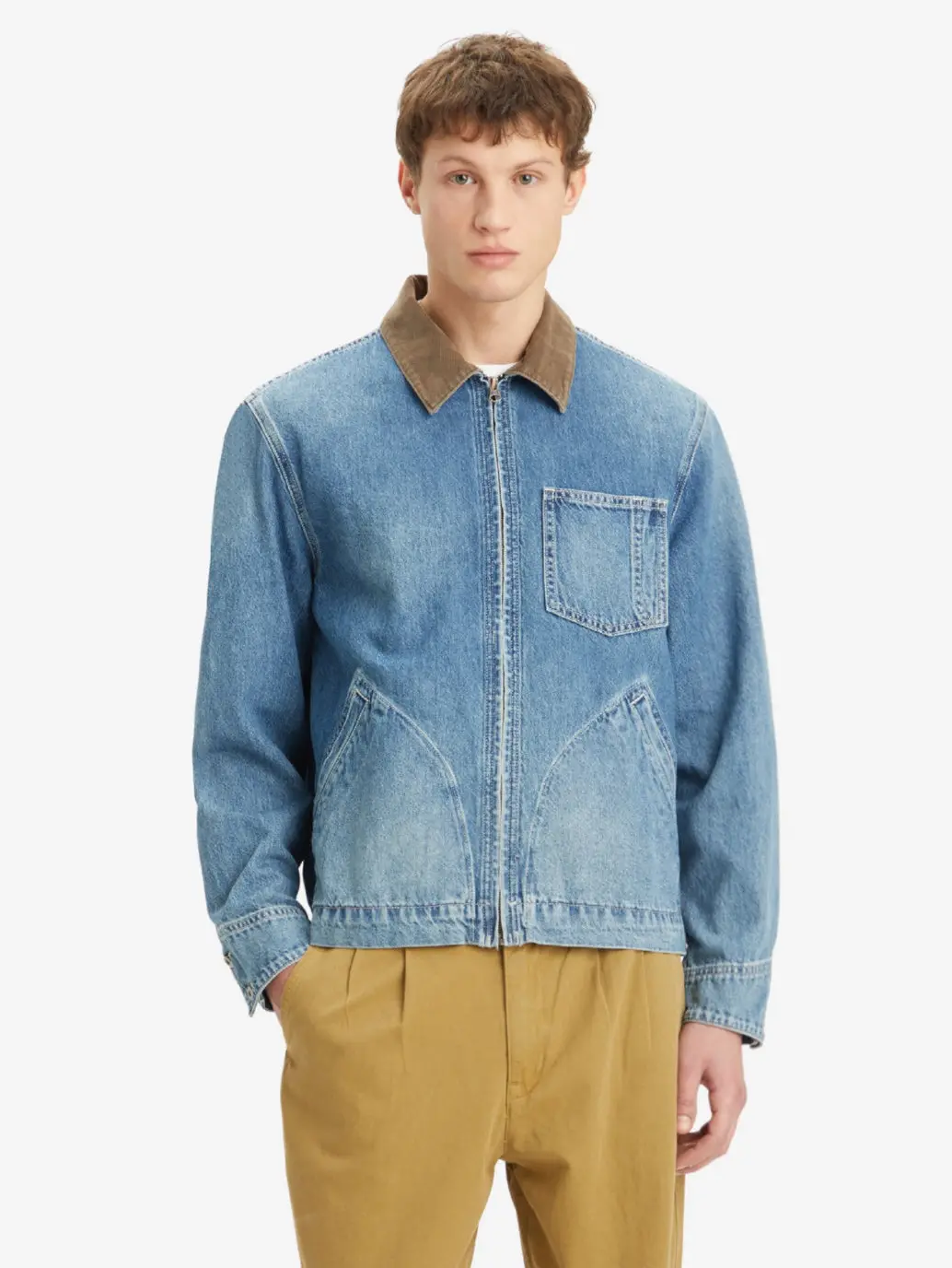 Men's Solid Blue Spread Collar Denim Jacket 1
