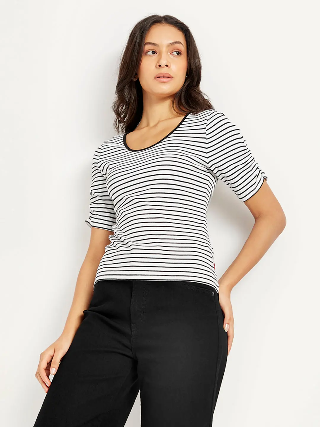 Women's Striped Black Scoop Neck Top 1