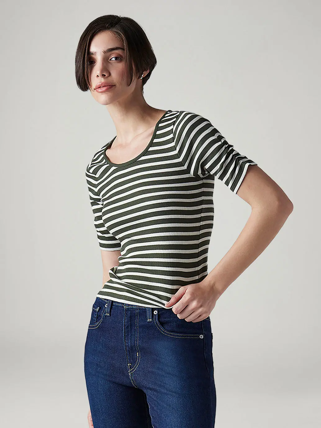 Women's Striped Olive Scoop Neck Top 1