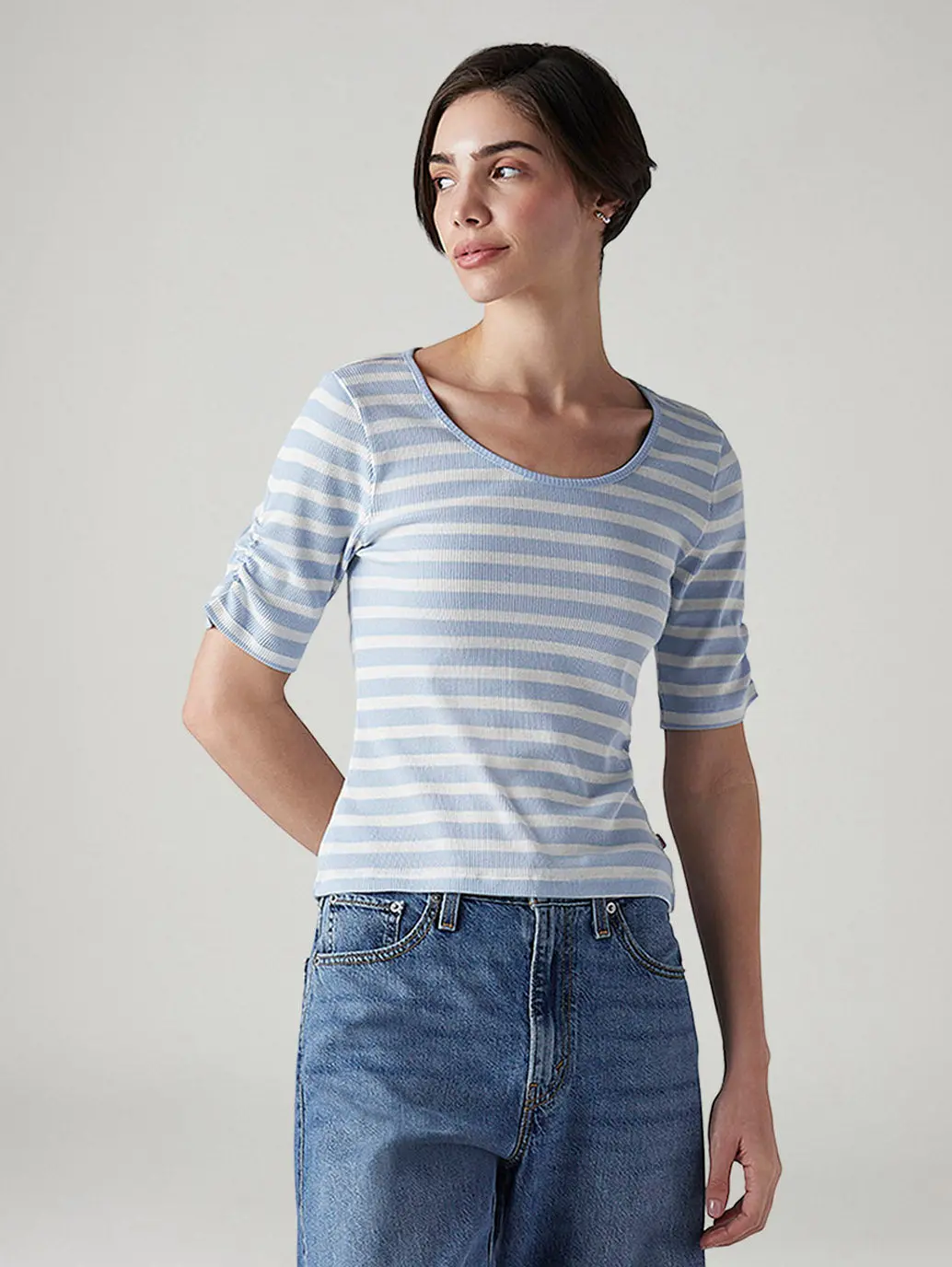 Women's Striped Light Blue Scoop Neck Top 1