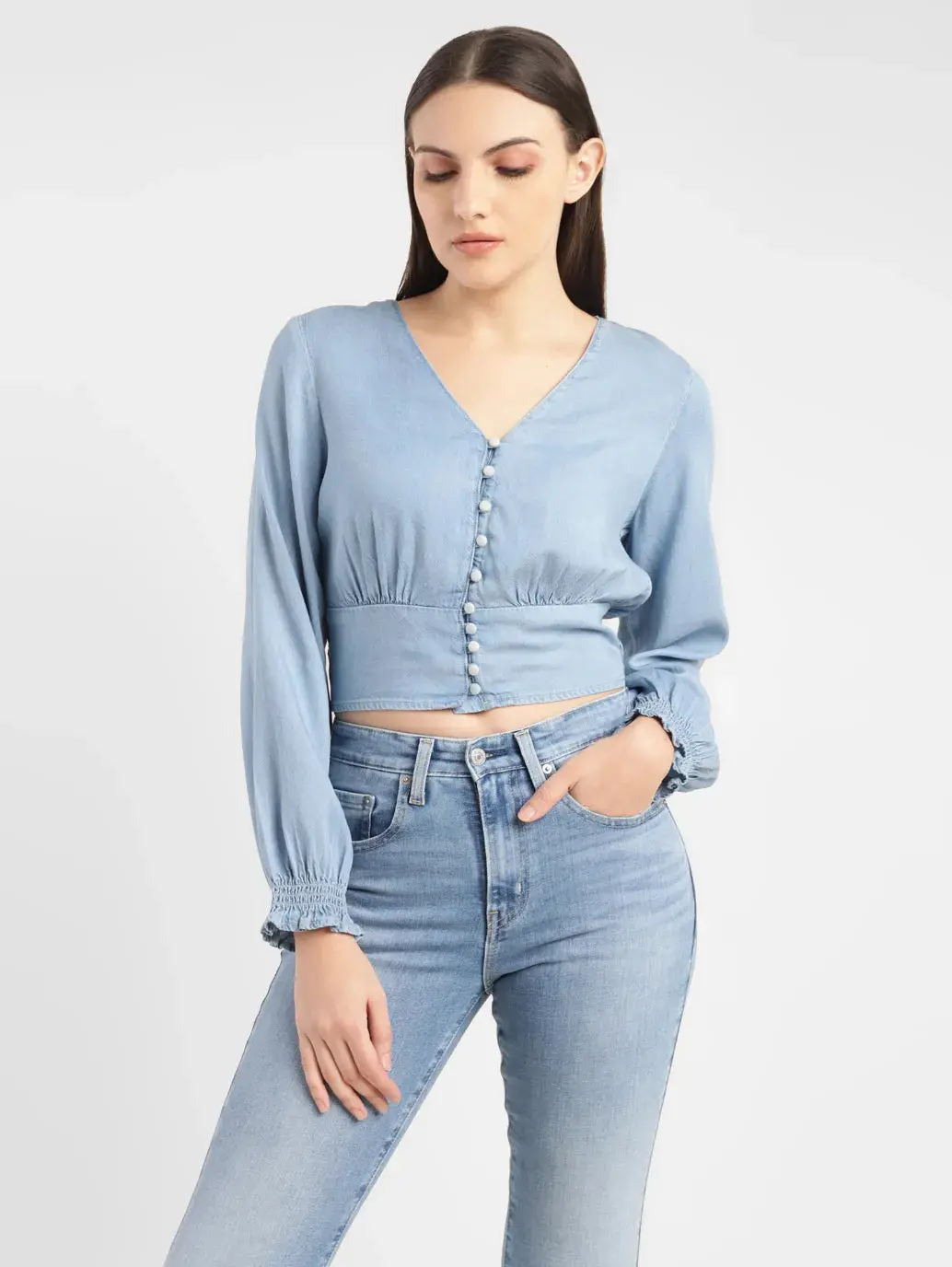 Women's Solid Light Blue V Neck Top 1