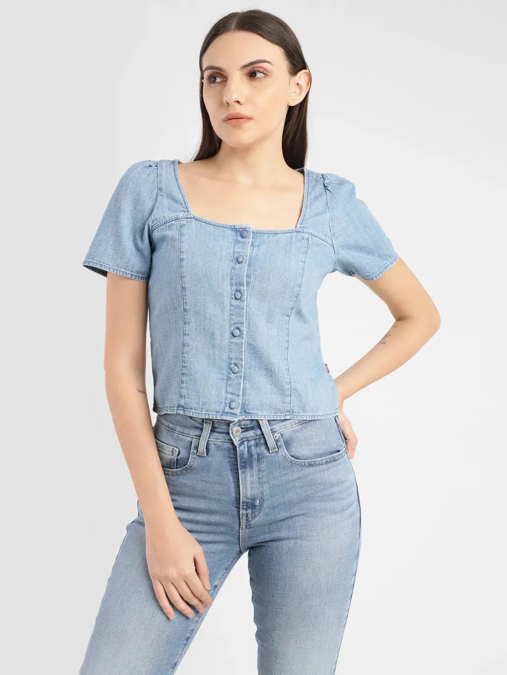 Women's Solid Light Indigo Square Neck Baggy Top 1