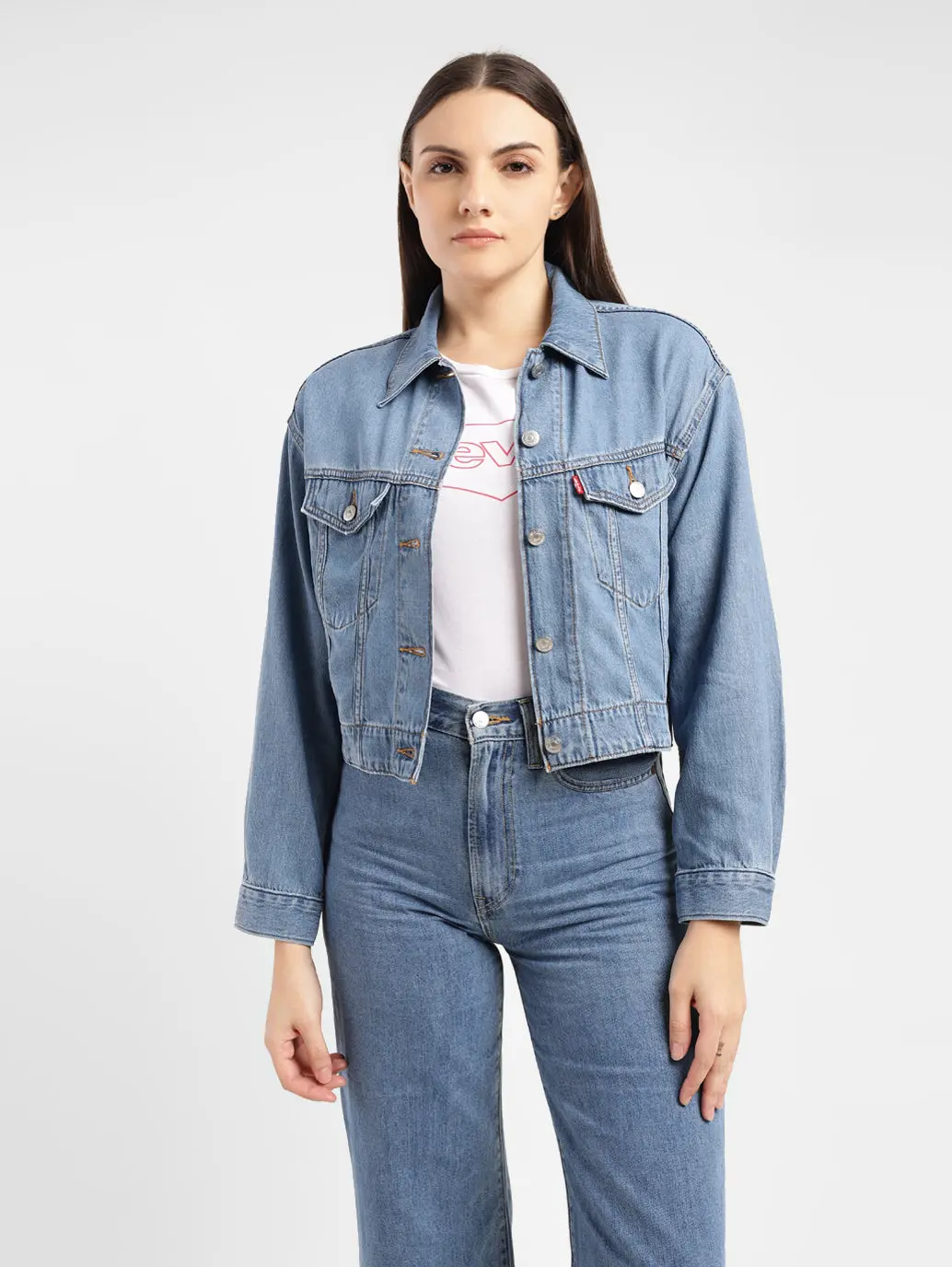 Women's Solid Indigo Spread Collar Trucker Jacket 1