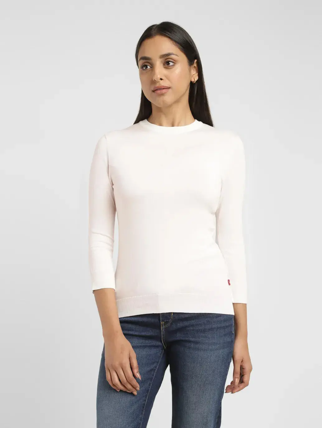 Women's Solid White Crew Neck Sweater 2