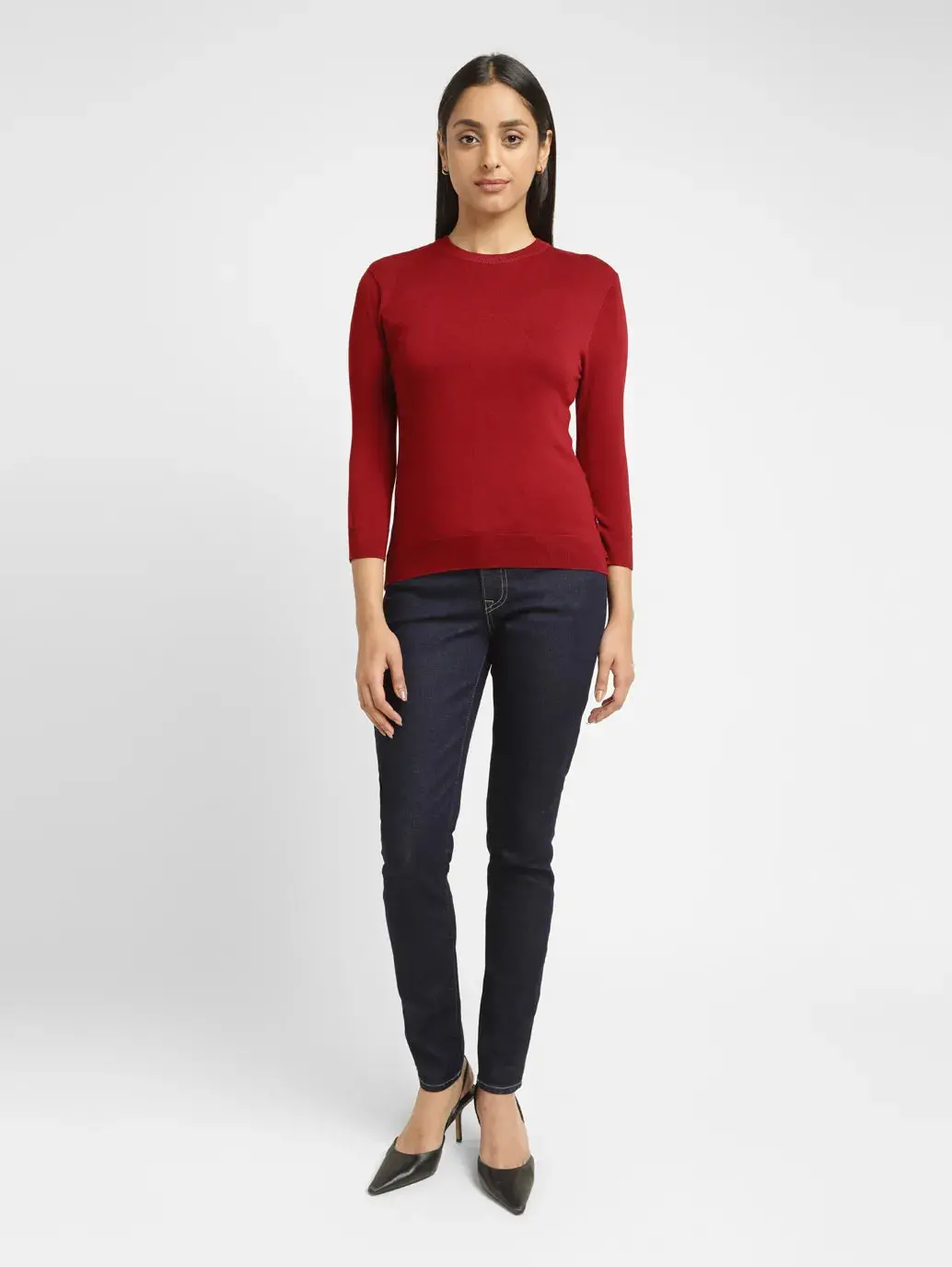 Women's Solid Red Crew Neck Sweater 1