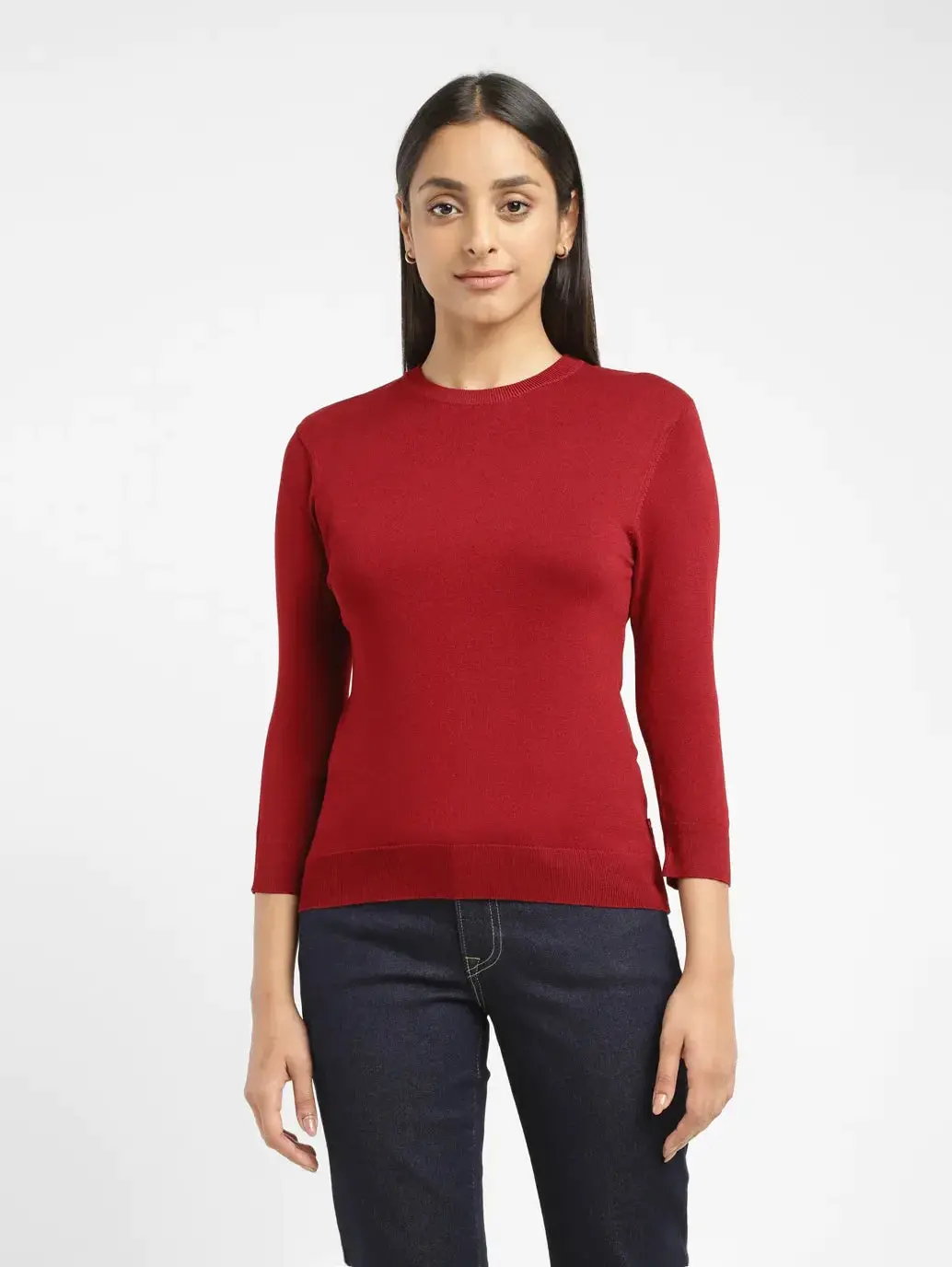 Women's Solid Red Crew Neck Sweater 2