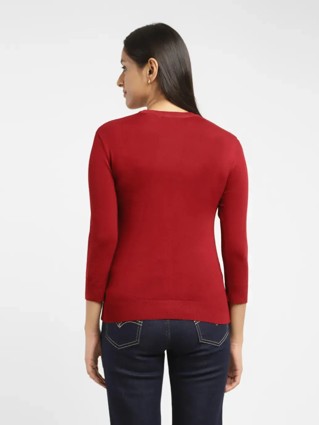 Women's Solid Red Crew Neck Sweater 3