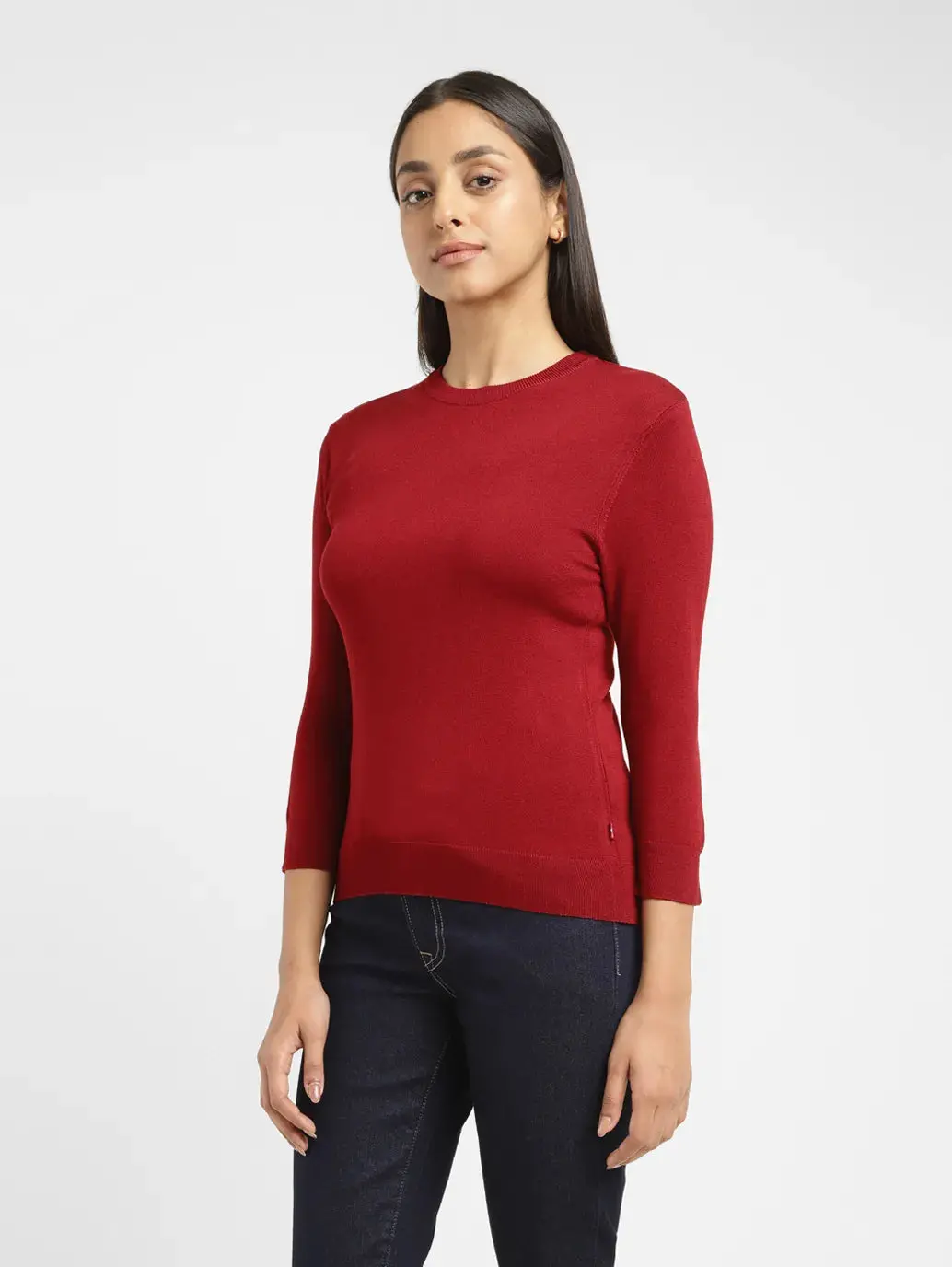 Women's Solid Red Crew Neck Sweater 4