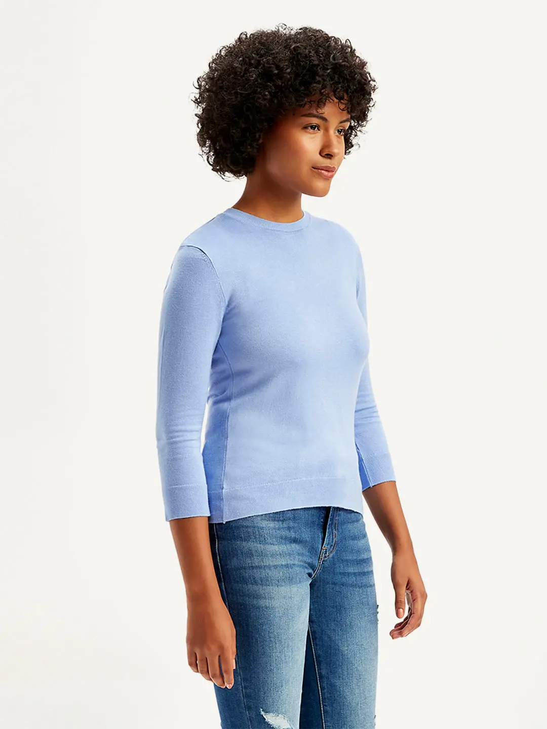 Women's Solid Light Blue Crew Neck Sweater 3