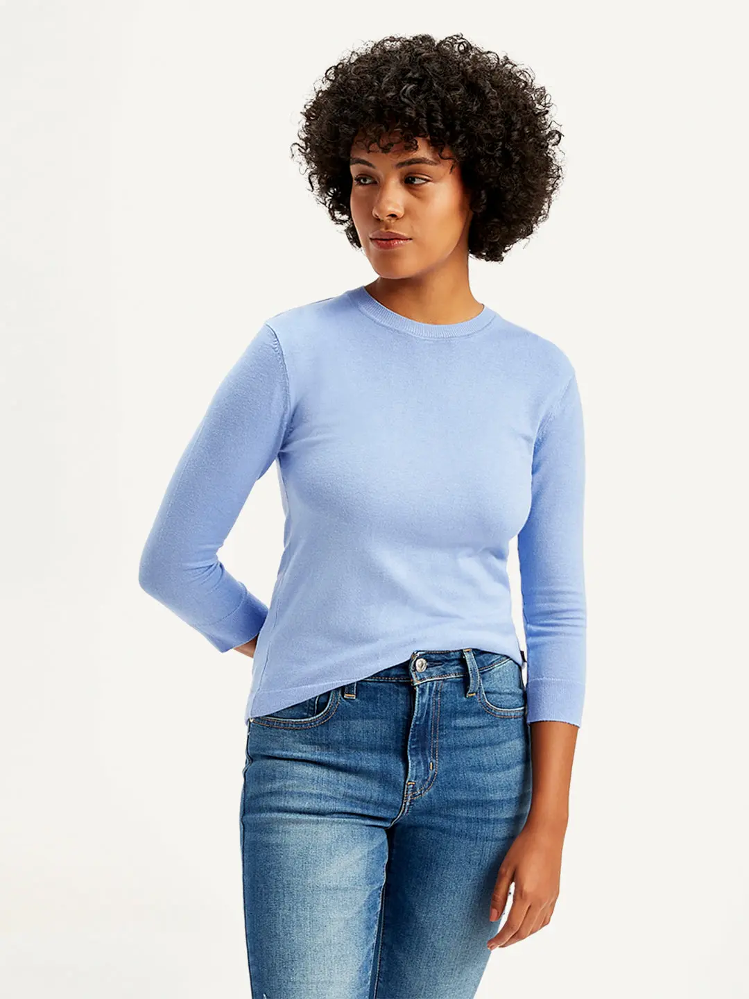 Women's Solid Light Blue Crew Neck Sweater 5
