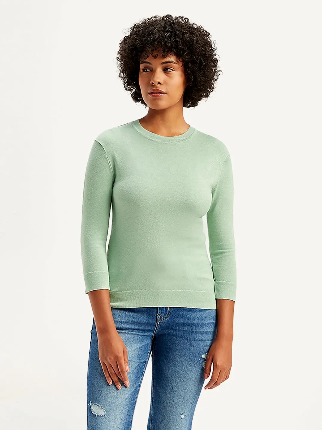 Women's Solid Green Crew Neck Sweater 1