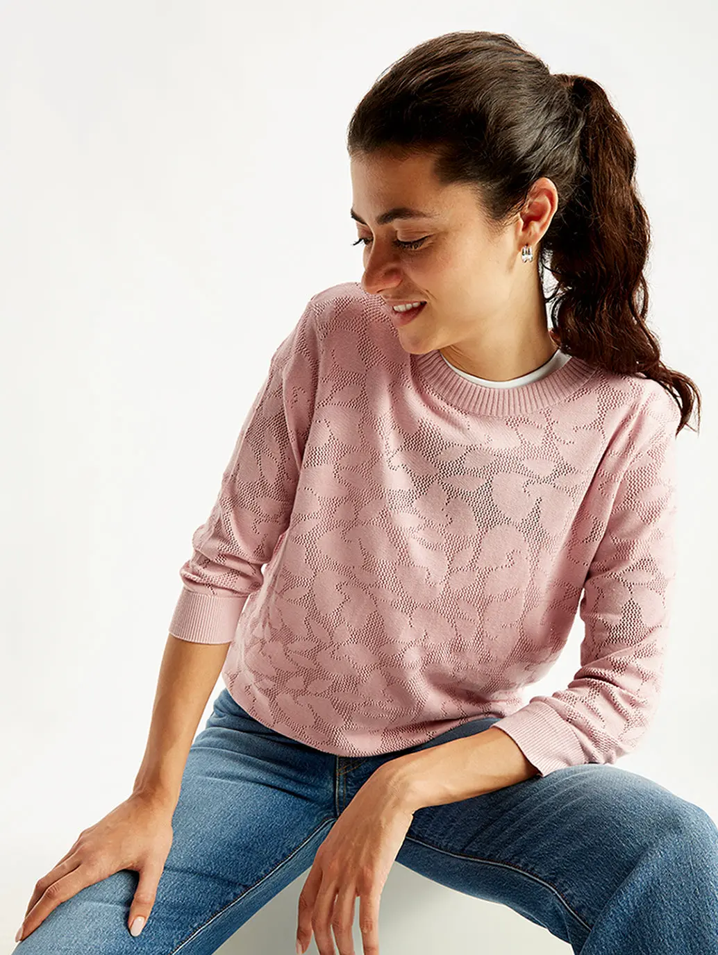 Women's Self Design Light Pink Crew Neck Sweater 2