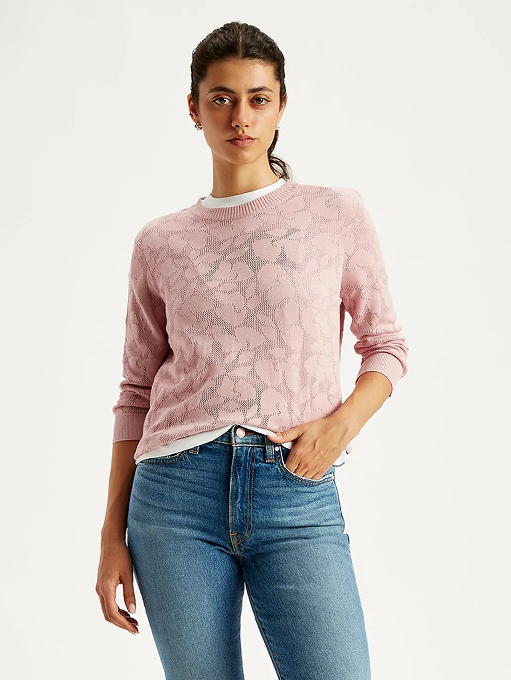 Women's Self Design Light Pink Crew Neck Sweater 3