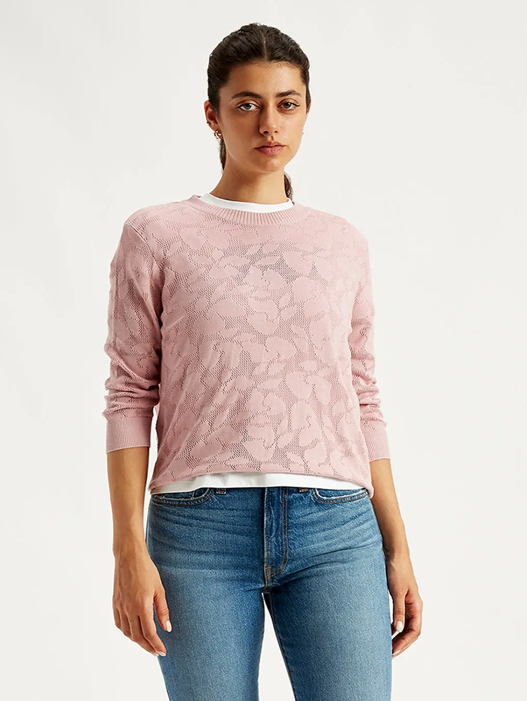 Women's Self Design Light Pink Crew Neck Sweater 1
