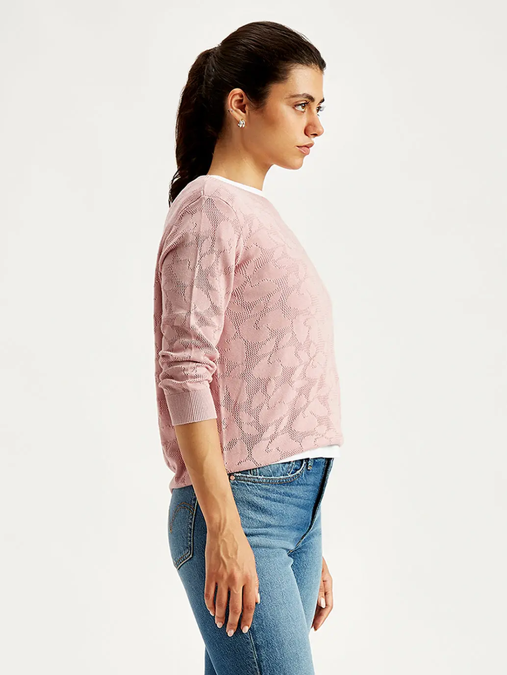Women's Self Design Light Pink Crew Neck Sweater 4