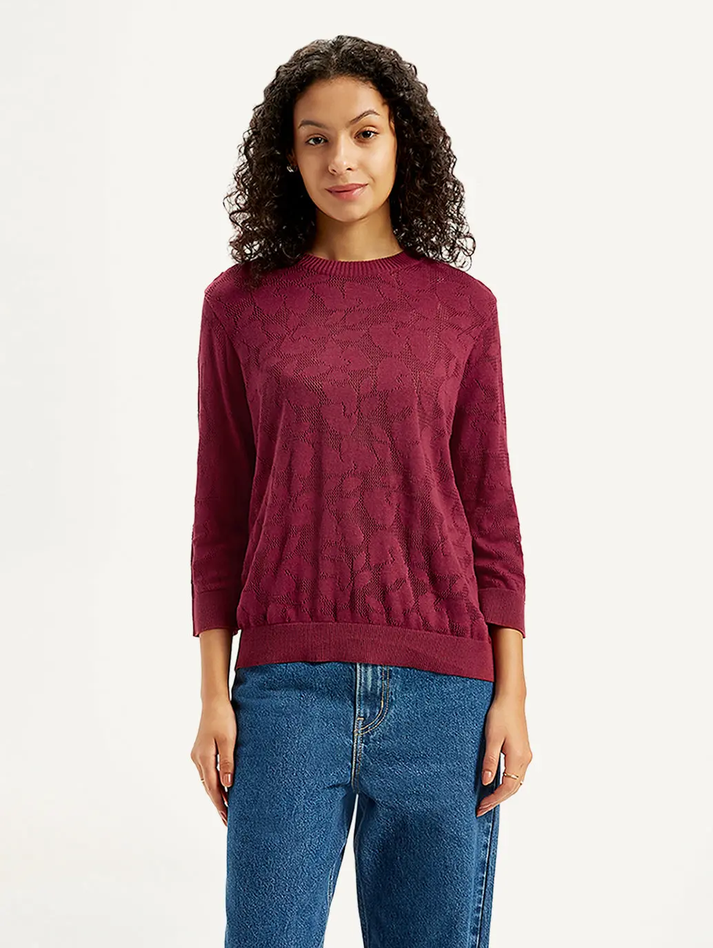 Women's Self Design Maroon Crew Neck Sweater 1