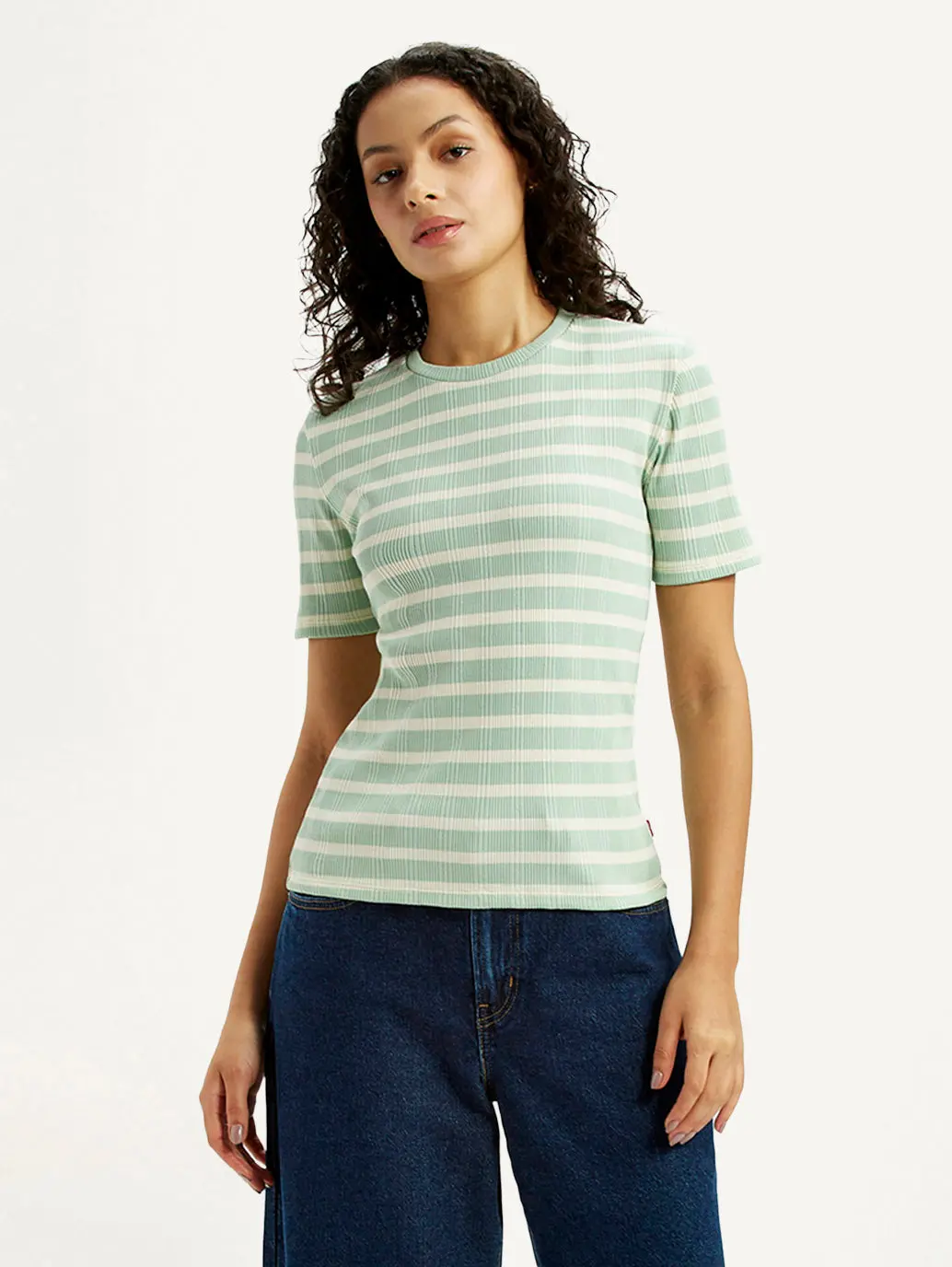 Women's Striped Light Green Slim Fit T-Shirt 1