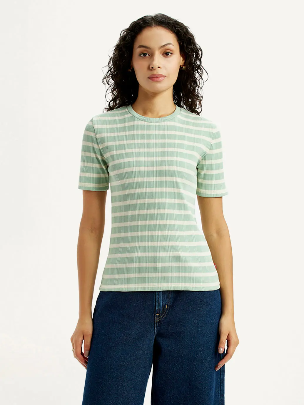 Women's Striped Light Green Slim Fit T-Shirt 2