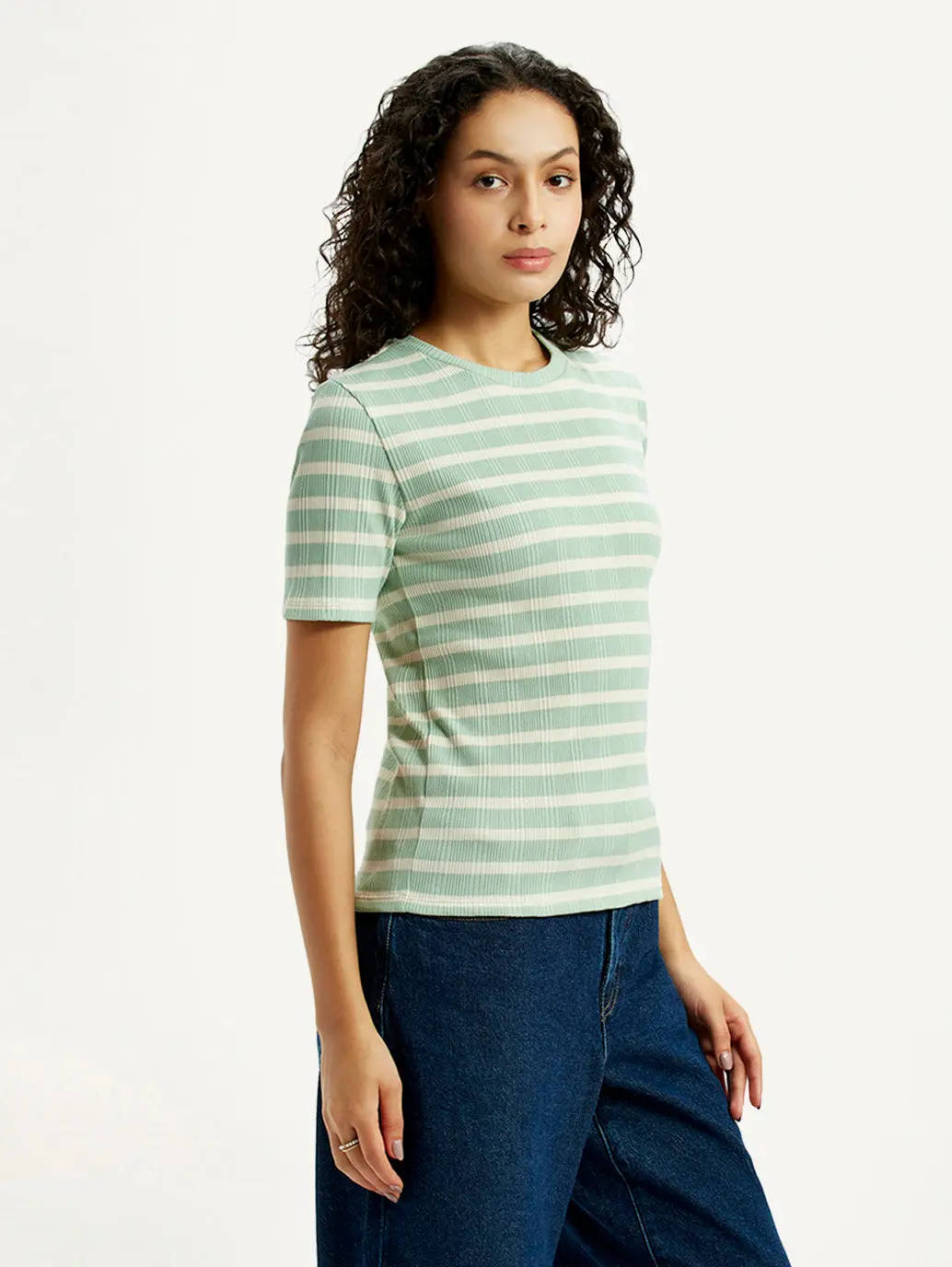 Women's Striped Light Green Slim Fit T-Shirt 5