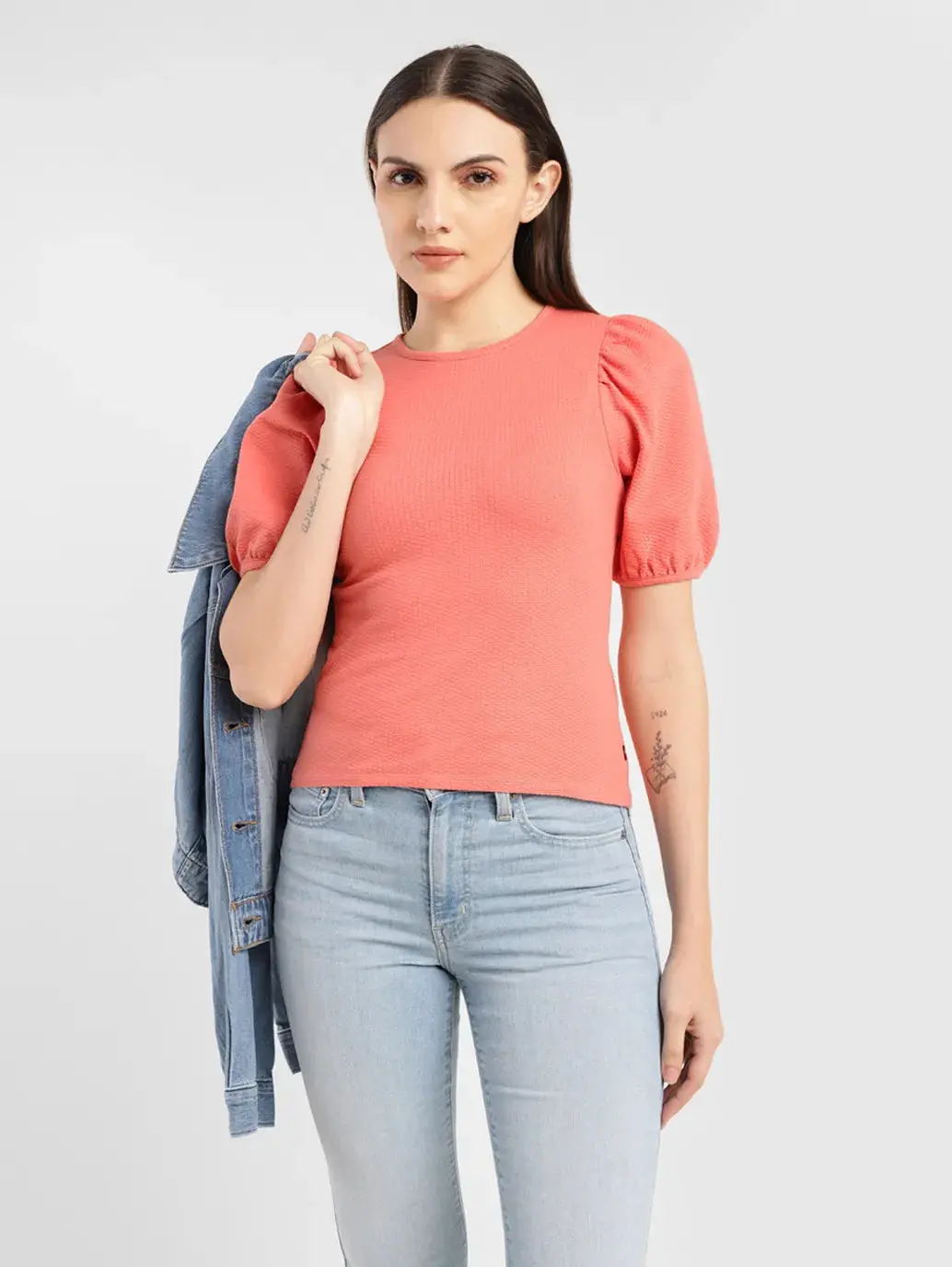 Women's Textured Coral Round Neck Top 1