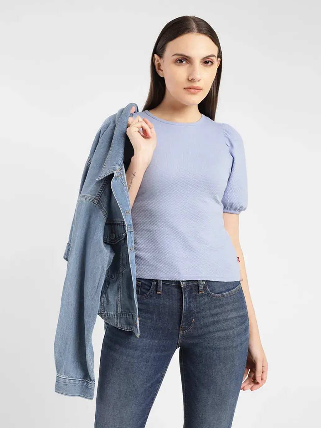 Women's Textured Blue Round Neck Top 1