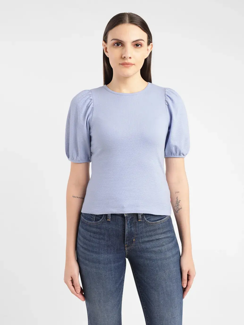 Women's Textured Blue Round Neck Top 2