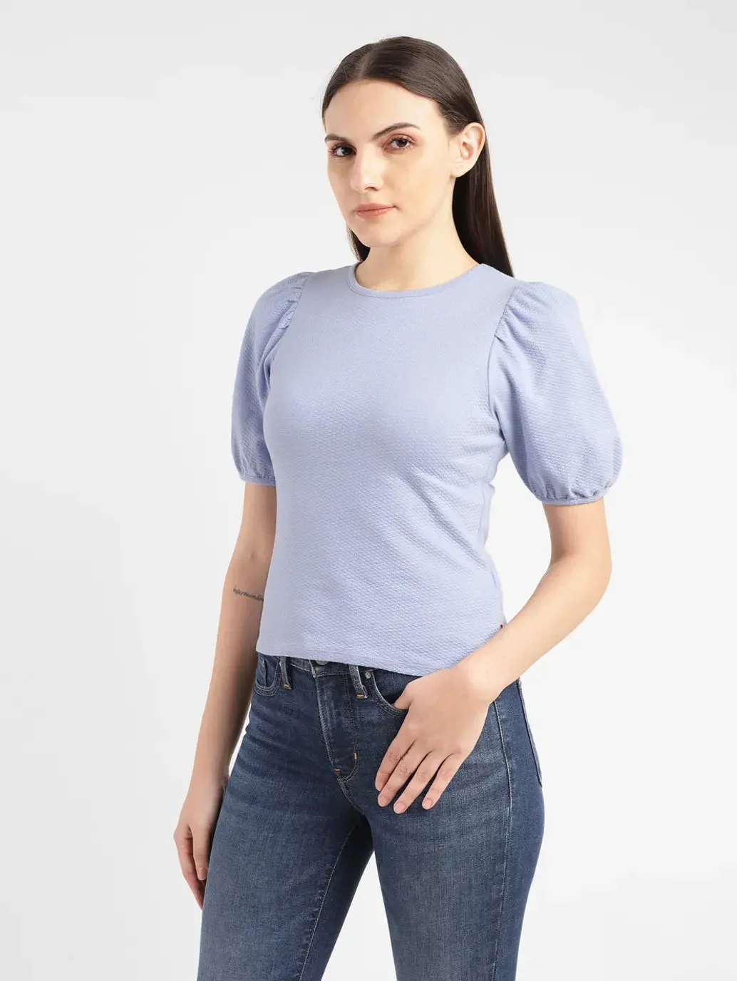 Women's Textured Blue Round Neck Top 4
