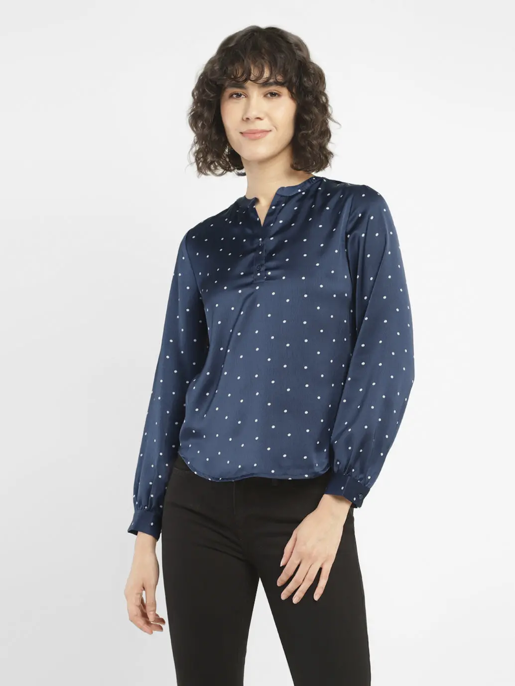 Women's Polka Dot Navy Split Neck Top 1