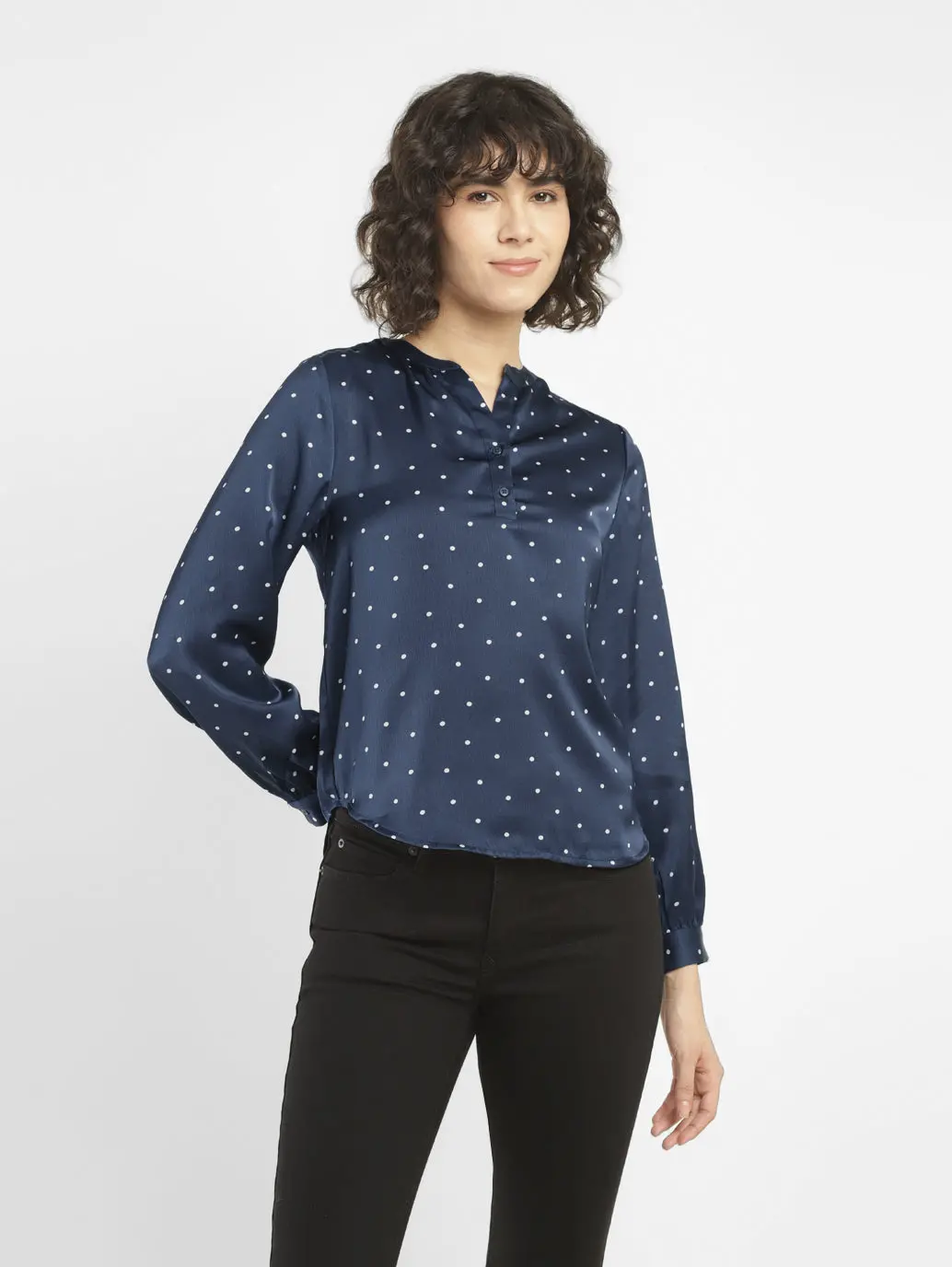 Women's Polka Dot Navy Split Neck Top 1