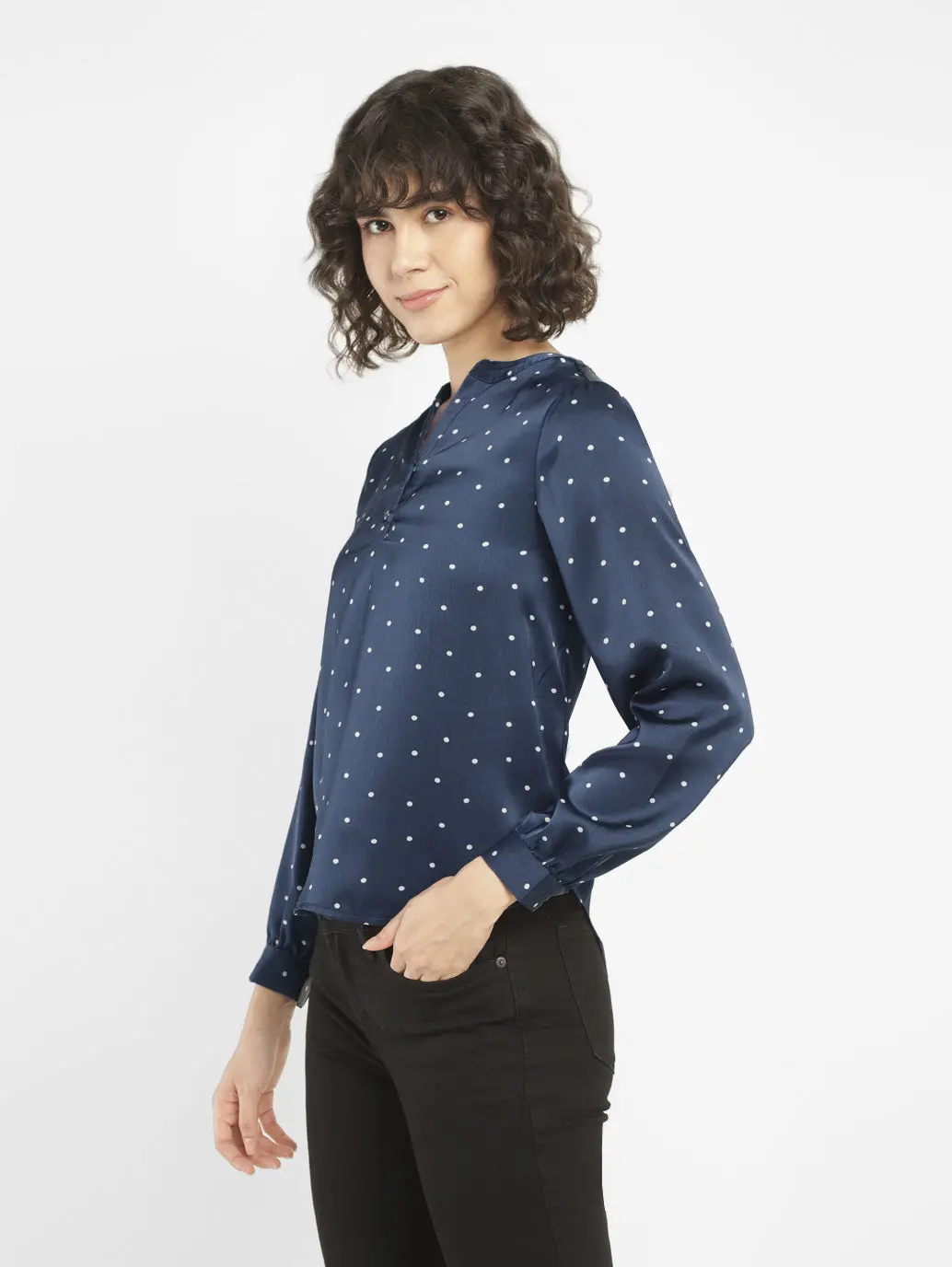 Women's Polka Dot Navy Split Neck Top 3