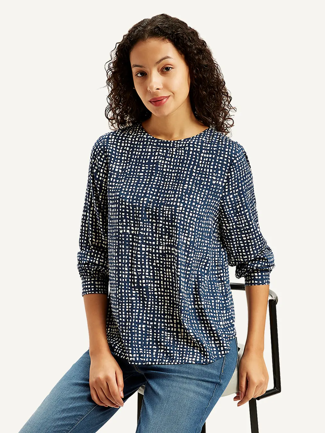 Women's All Over Print Navy Round Neck Top 1