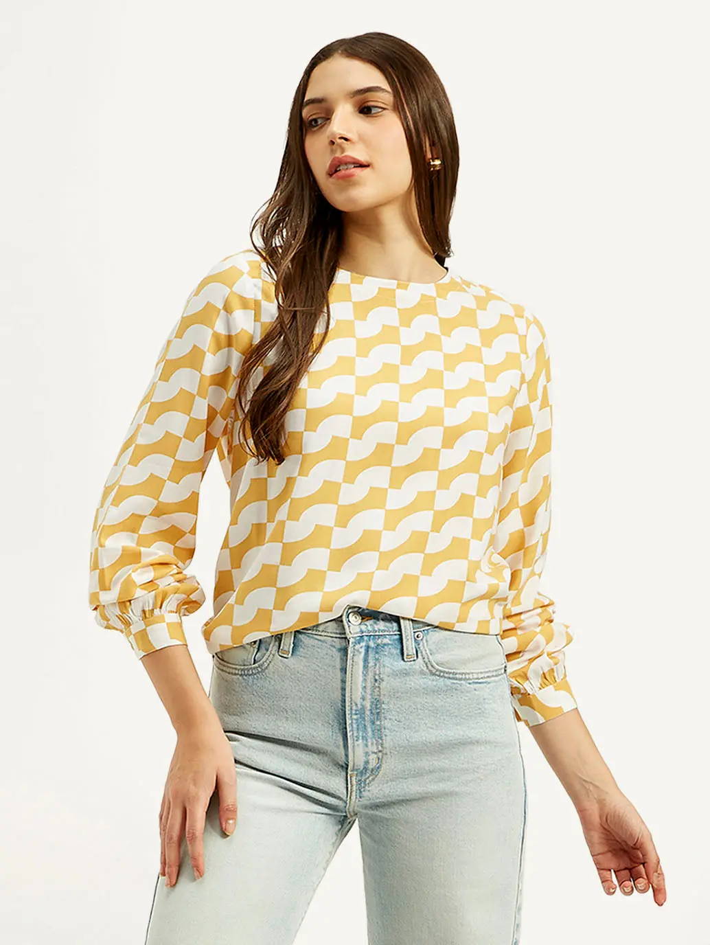 Women's Geometric White Round Neck Top 1