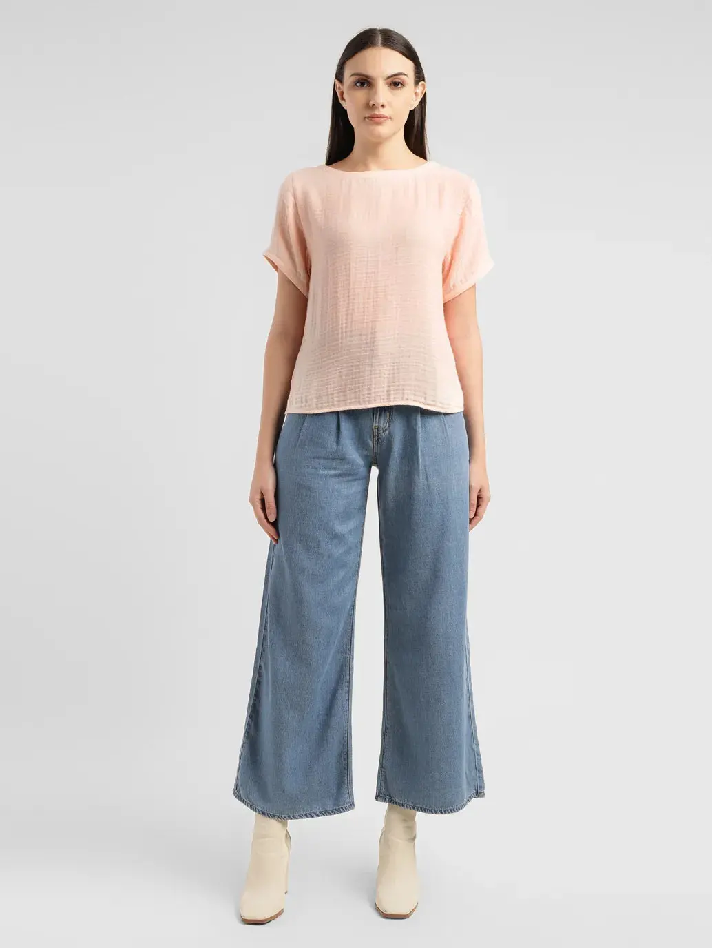 Women's Textured Peach Boat Neck Top 1